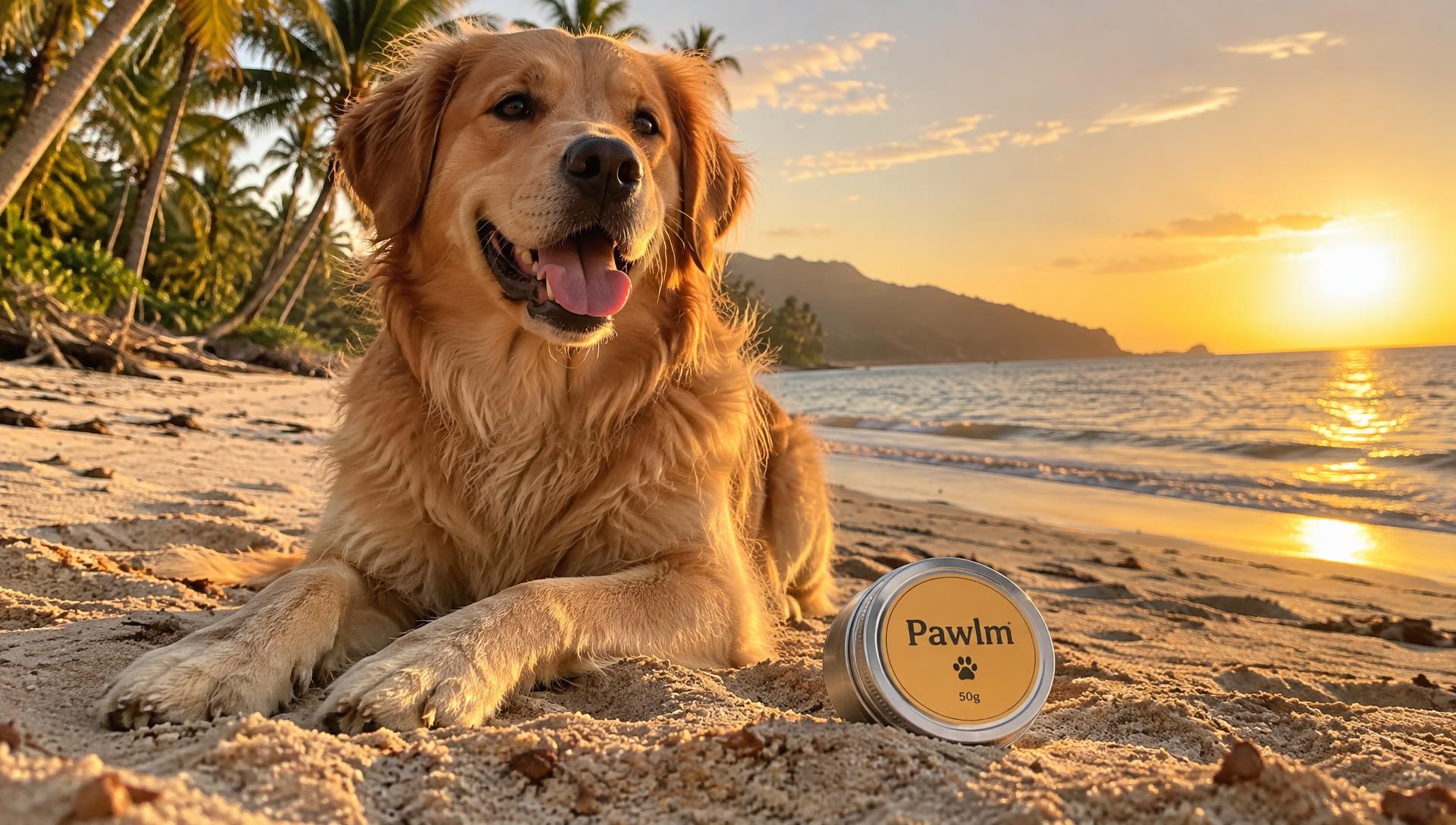 Happy golden dog lying on a North Queensland beach at sunset beside a tin of Pawlm paw balm